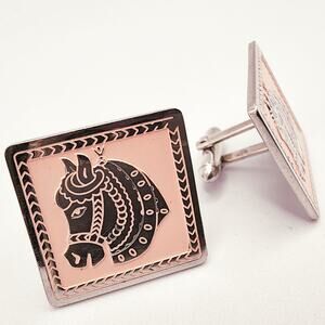 Swank Mid-Century Pink Enamel Horse/Knight Cufflinks